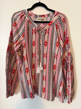 NWT SAVANNA JANE Top Womens Pink Cottagecore Peasant Southwest Pattern Size XL